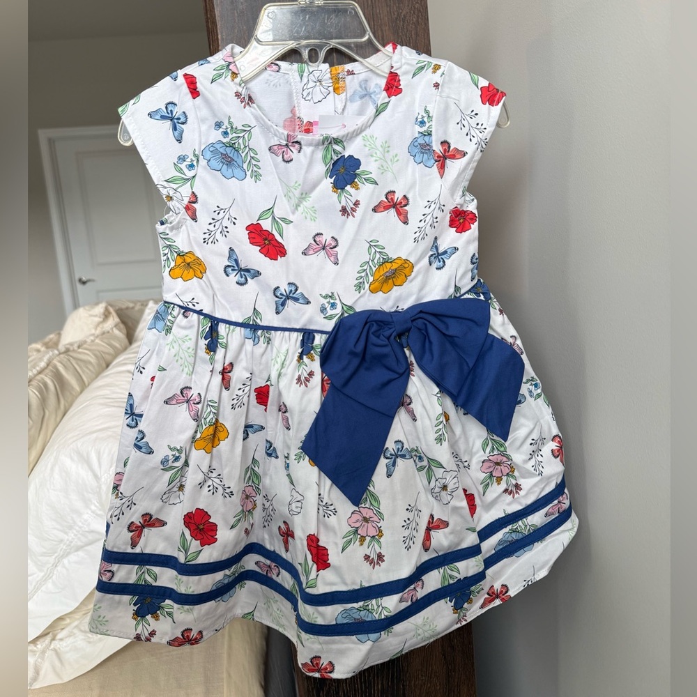 NWT Good Lad 100% Cotton butterfly and floral print Dress with Blue Bow size 2T